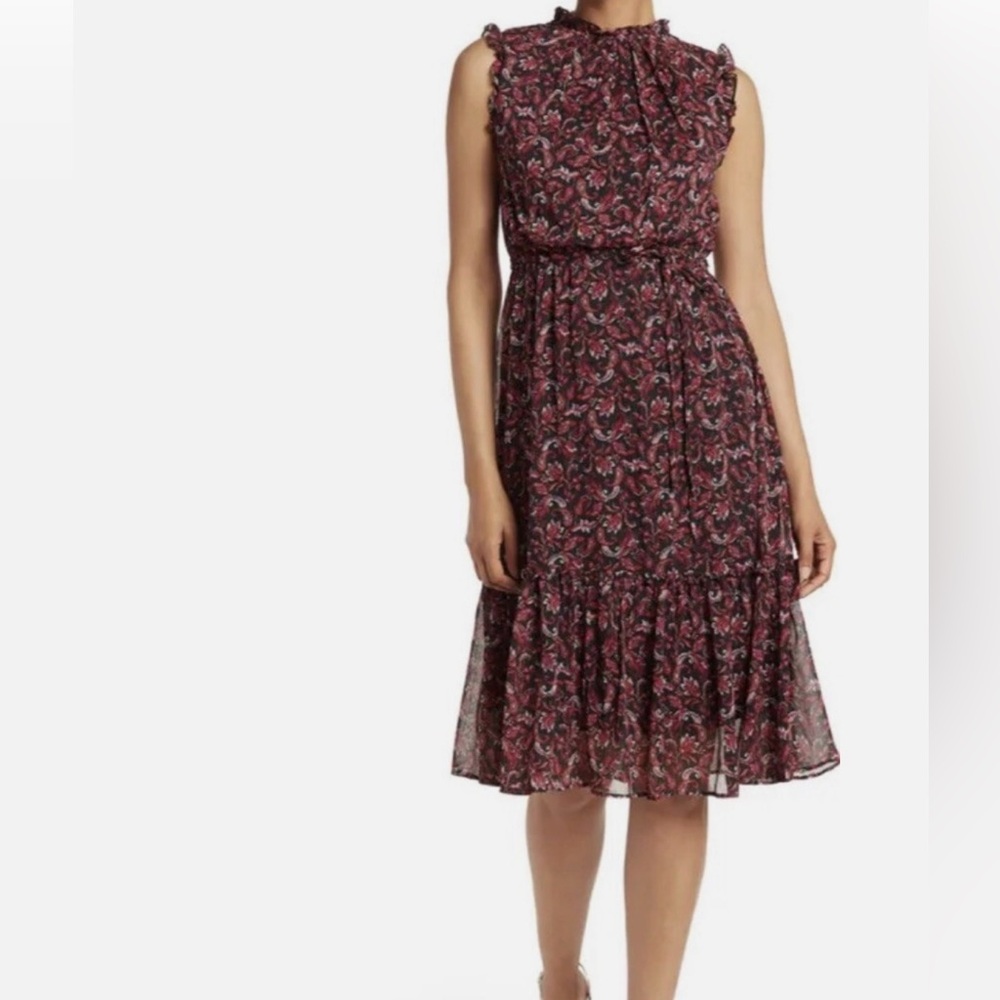 Sam Edelman Black Red Paisley Print High Ruffle Neck and hem Midi Dress